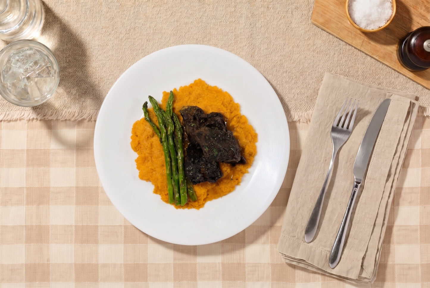 Slow Braised Beef With Sweet Potato Mash And Lemon Pepper Asparagus